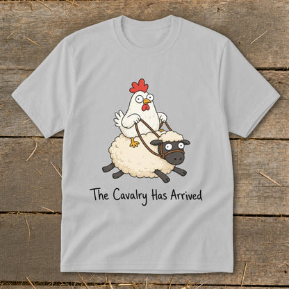 Cartoon chicken riding a sheep with text "The Cavalry Has Arrived".