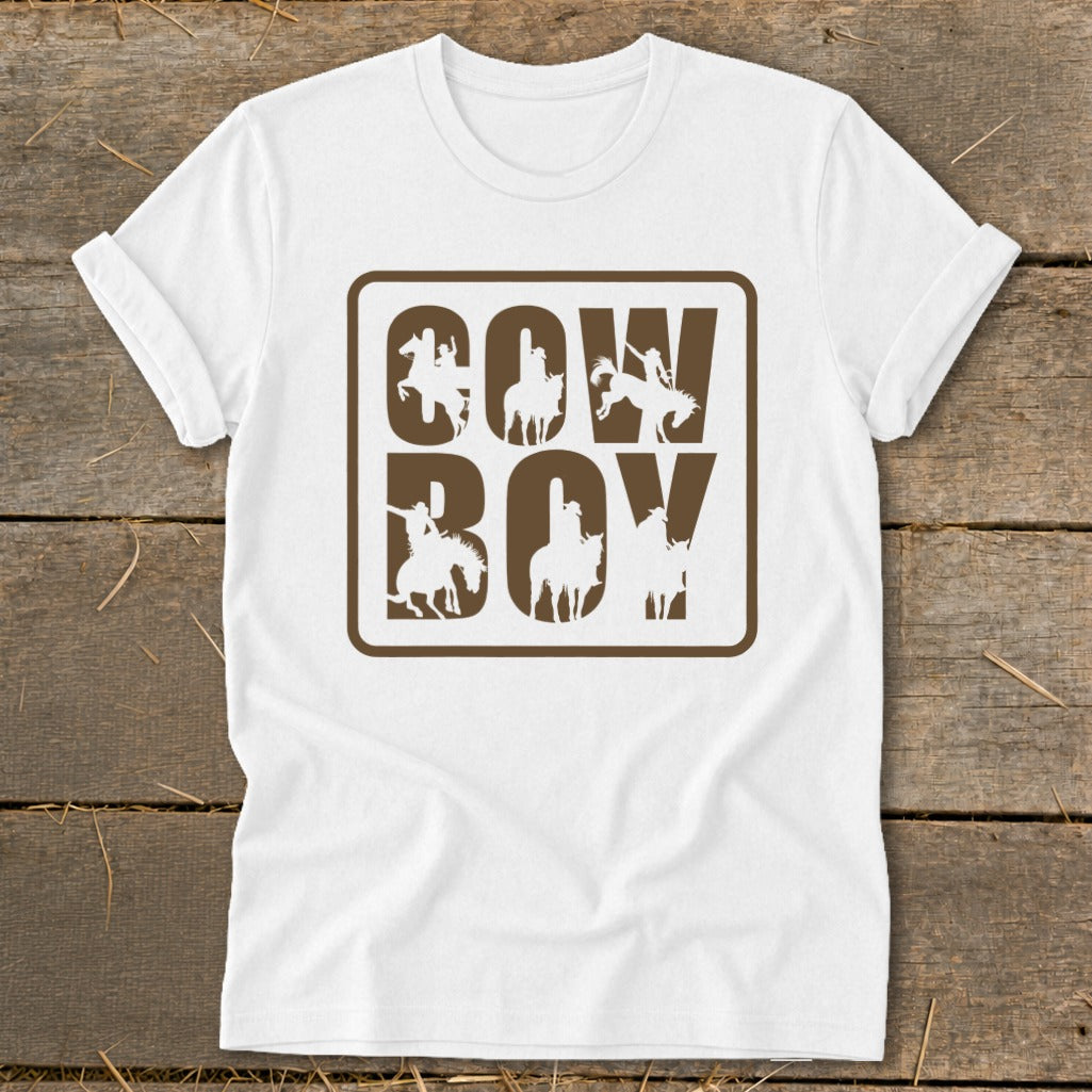 White t-shirt with brown "Cowboy" text and cowboy silhouettes on horses.