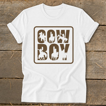 White t-shirt with brown "Cowboy" text and cowboy silhouettes on horses.