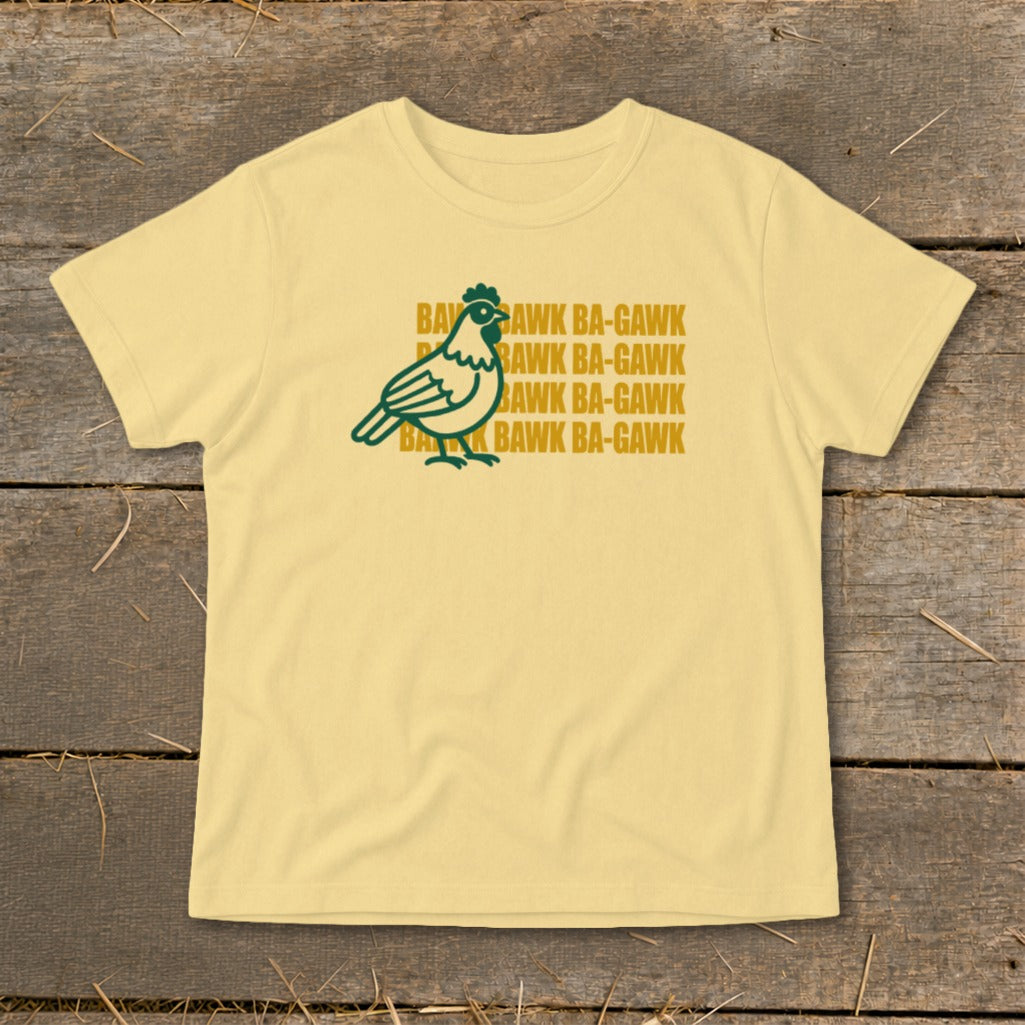 Light yellow t-shirt with a green chicken and repeated "Bawk Ba-Gawk" text.