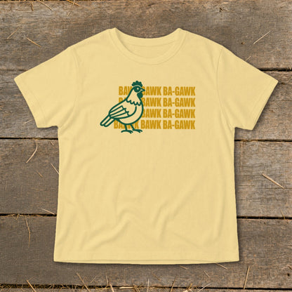 Light yellow t-shirt with a green chicken and repeated "Bawk Ba-Gawk" text.