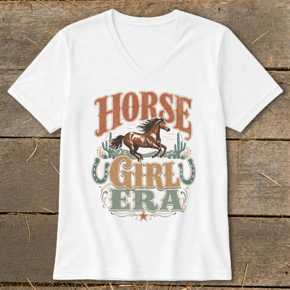 White v-neck t-shirt with brown horse, "HORSE GIRLY ERA" text, and western graphics.