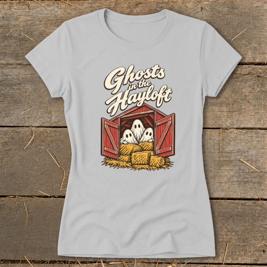 Ghosts in the Hayloft graphic on a light gray t-shirt.