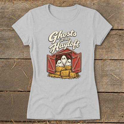 Ghosts in the Hayloft graphic on a light gray t-shirt.