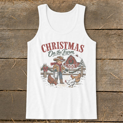 Christmas on the Farm graphic with a boy feeding chickens by a barn.