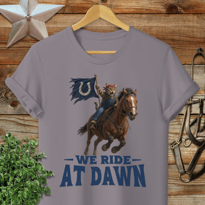Cat in cowboy hat rides horse holding torn flag with horseshoe logo.