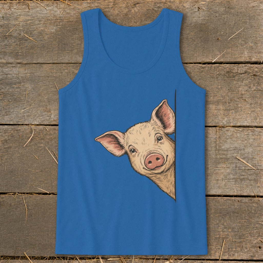 Blue tank top with a drawing of a smiling pig peeking from the side.