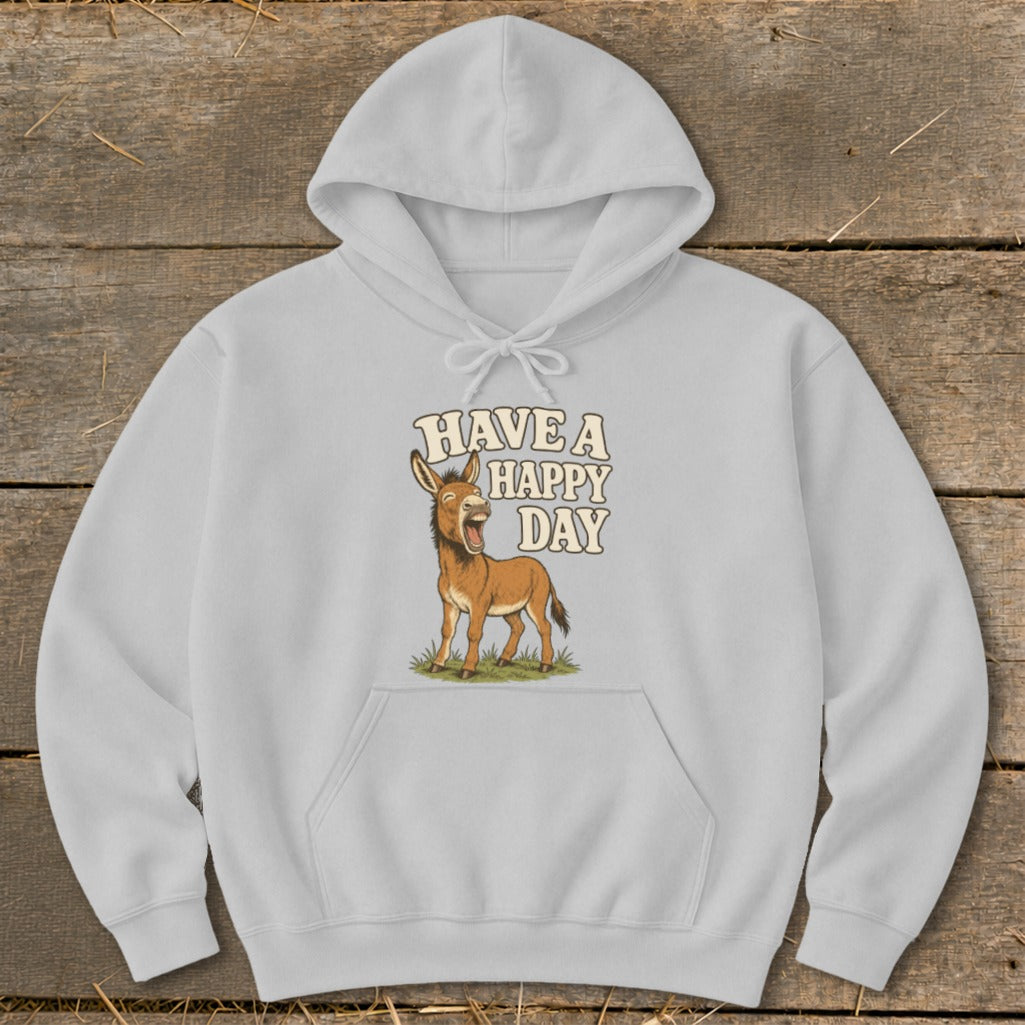 Gray hoodie with cartoon donkey and text "Have a Happy Day."
