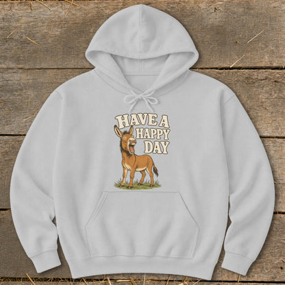 Gray hoodie with cartoon donkey and text "Have a Happy Day."