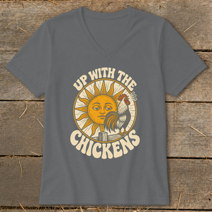 Charcoal grey V-neck t-shirt with a graphic of a sleepy sun, crowing rooster, and text reading Up With The Chickens.
