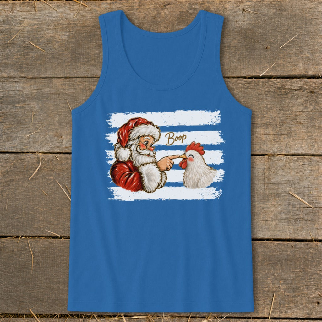 Santa Claus boops a chicken with the word "Boop" above them.