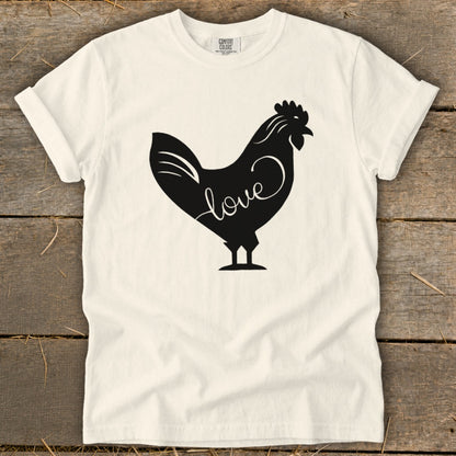 White t-shirt with black chicken silhouette featuring the word "love" on the chest.