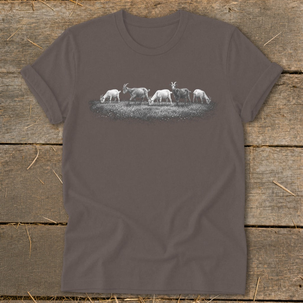 T-shirt with a grey graphic of five goats grazing in a field.