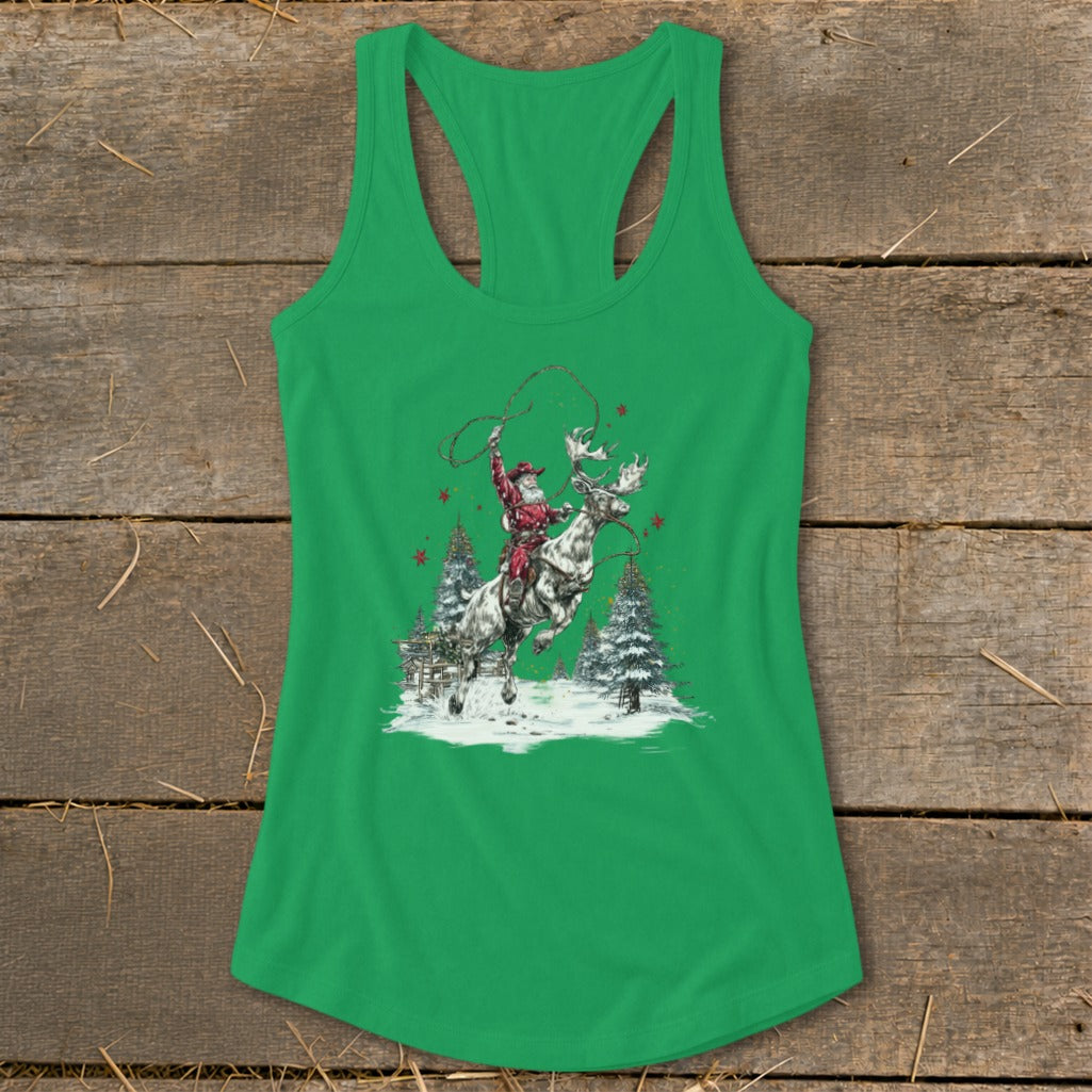 Green tank top with Santa riding a spotted reindeer through a snowy forest.