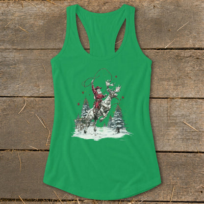 Green tank top with Santa riding a spotted reindeer through a snowy forest.