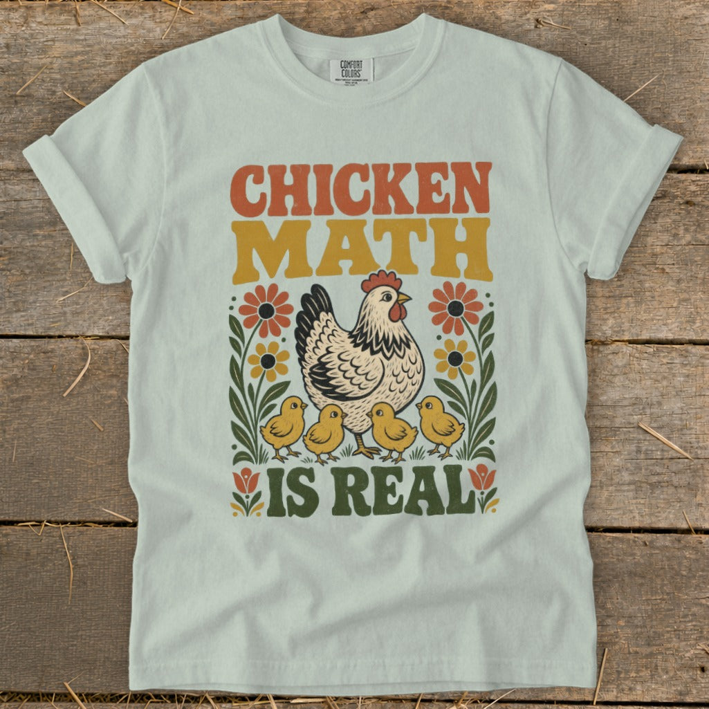 Chicken Math Is Real retro t-shirt with hen and chicks illustration.