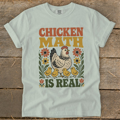 Chicken Math Is Real retro t-shirt with hen and chicks illustration.
