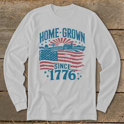 White long-sleeve shirt with "Home Grown Since 1776" text and American flag design.