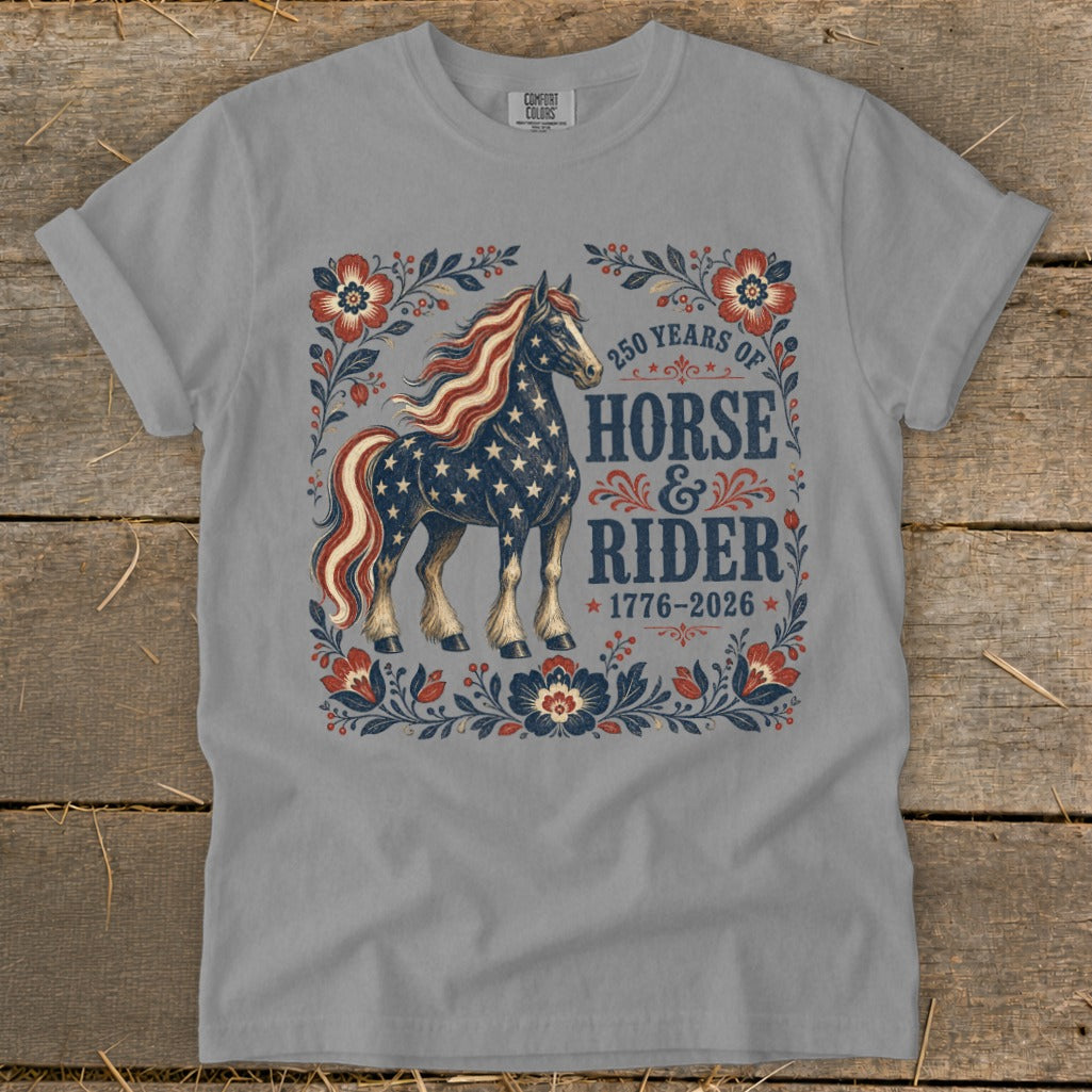 American flag horse graphic with text "250 Years of Horse & Rider 1776-2026".