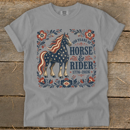 American flag horse graphic with text "250 Years of Horse & Rider 1776-2026".