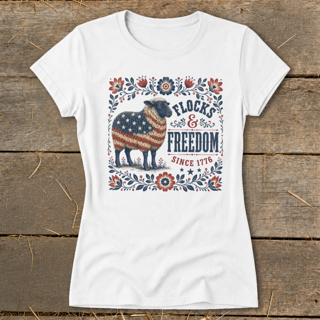 White t-shirt with a sheep design featuring the American flag and text "Flocks & Freedom Since 1776."