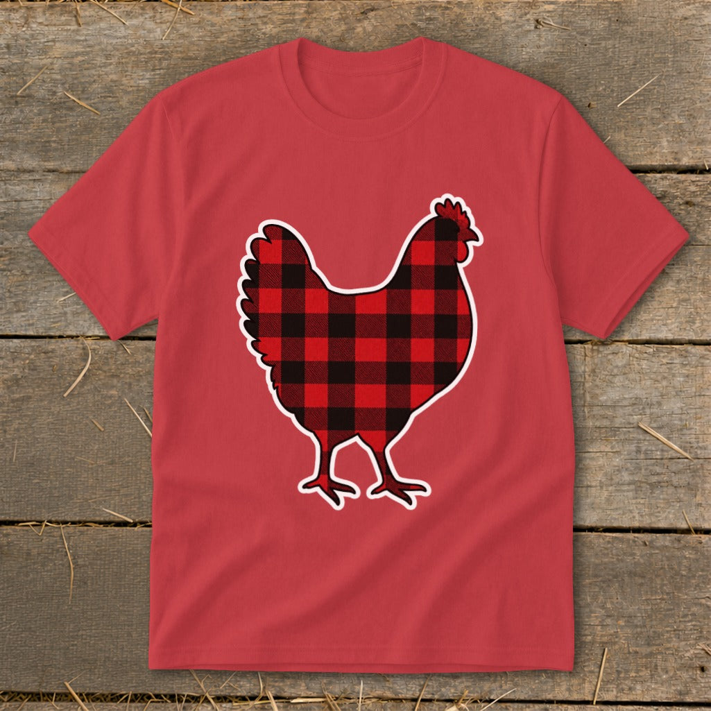 Red t-shirt with a black and red buffalo plaid chicken graphic.