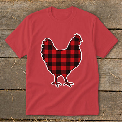 Red t-shirt with a black and red buffalo plaid chicken graphic.