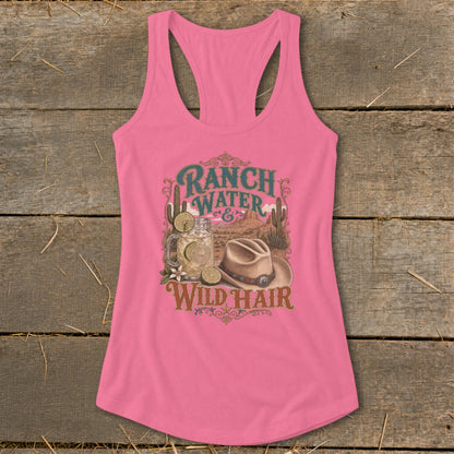 Pink tank top with "Ranch Water Wild Hair" text, cowboy hat, and drink.