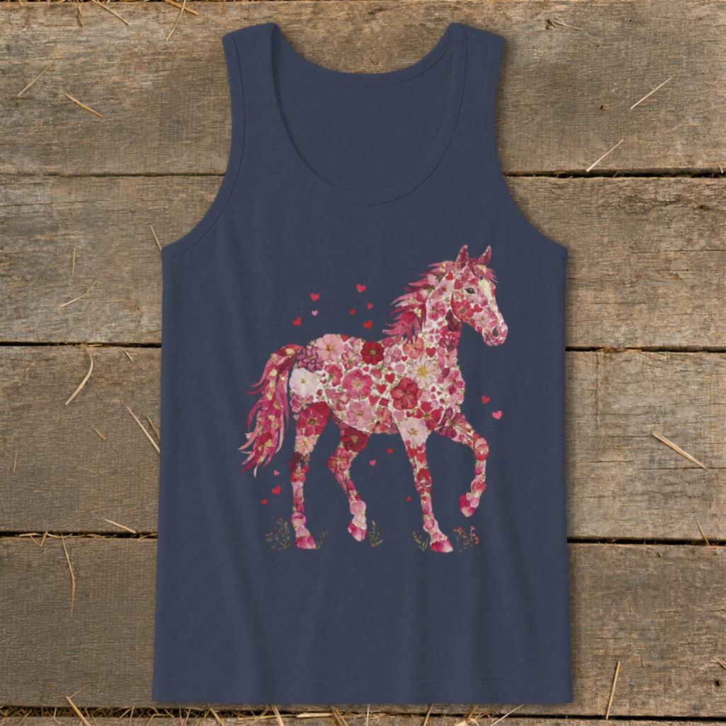 Navy tank top with a horse made of pink and red flowers and scattered hearts.