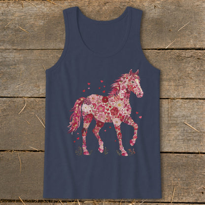 Navy tank top with a horse made of pink and red flowers and scattered hearts.