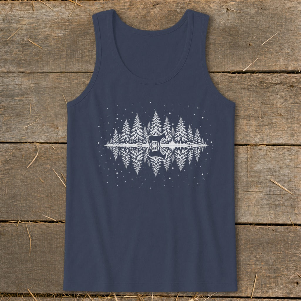 Navy tank top with a white mirrored forest and deer graphic.