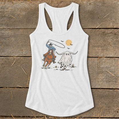 Skeleton cowboy on horse lassoing a ghost longhorn under a full moon.