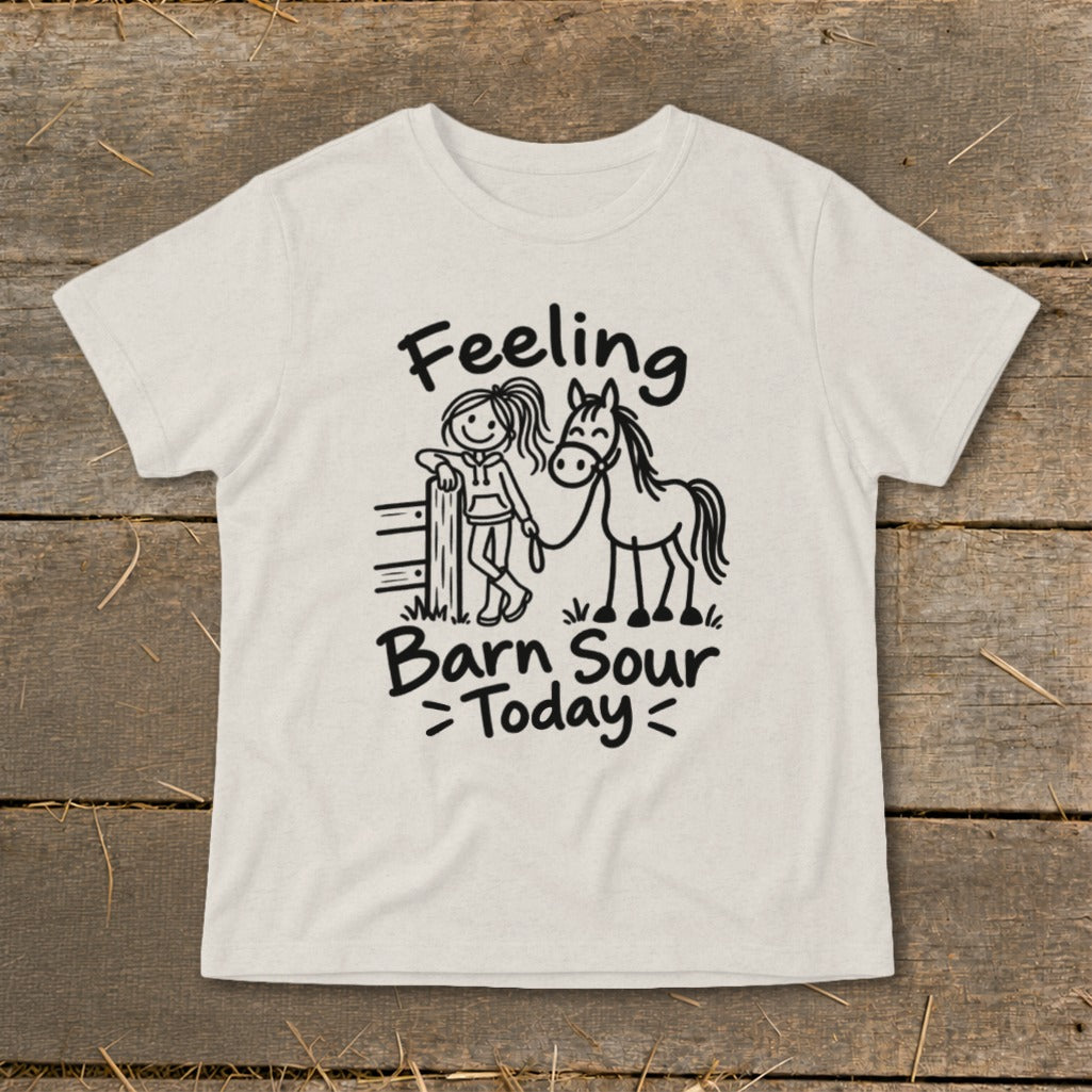 T-shirt with "Feeling Barn Sour Today" text, stick figure girl, and horse graphic.
