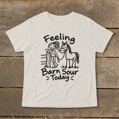 T-shirt with "Feeling Barn Sour Today" text, stick figure girl, and horse graphic.