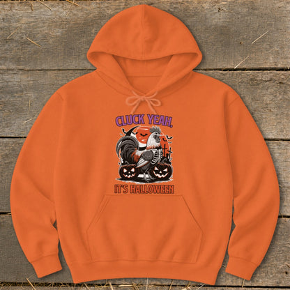 Orange hoodie with skeleton rooster, pumpkins, and "Cluck Yeah, It's Halloween" text.