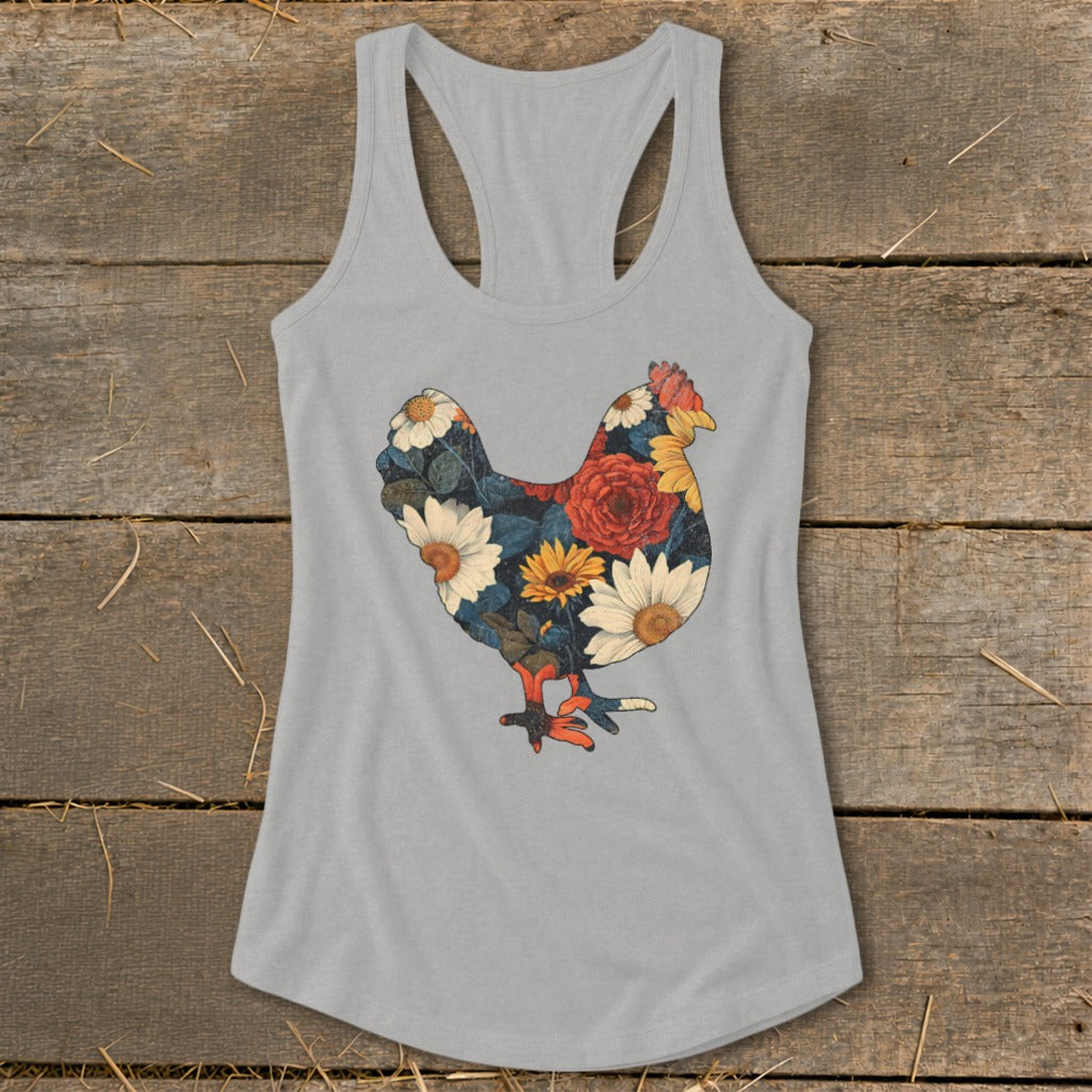 Gray racerback tank top with a chicken silhouette filled with colorful flowers.