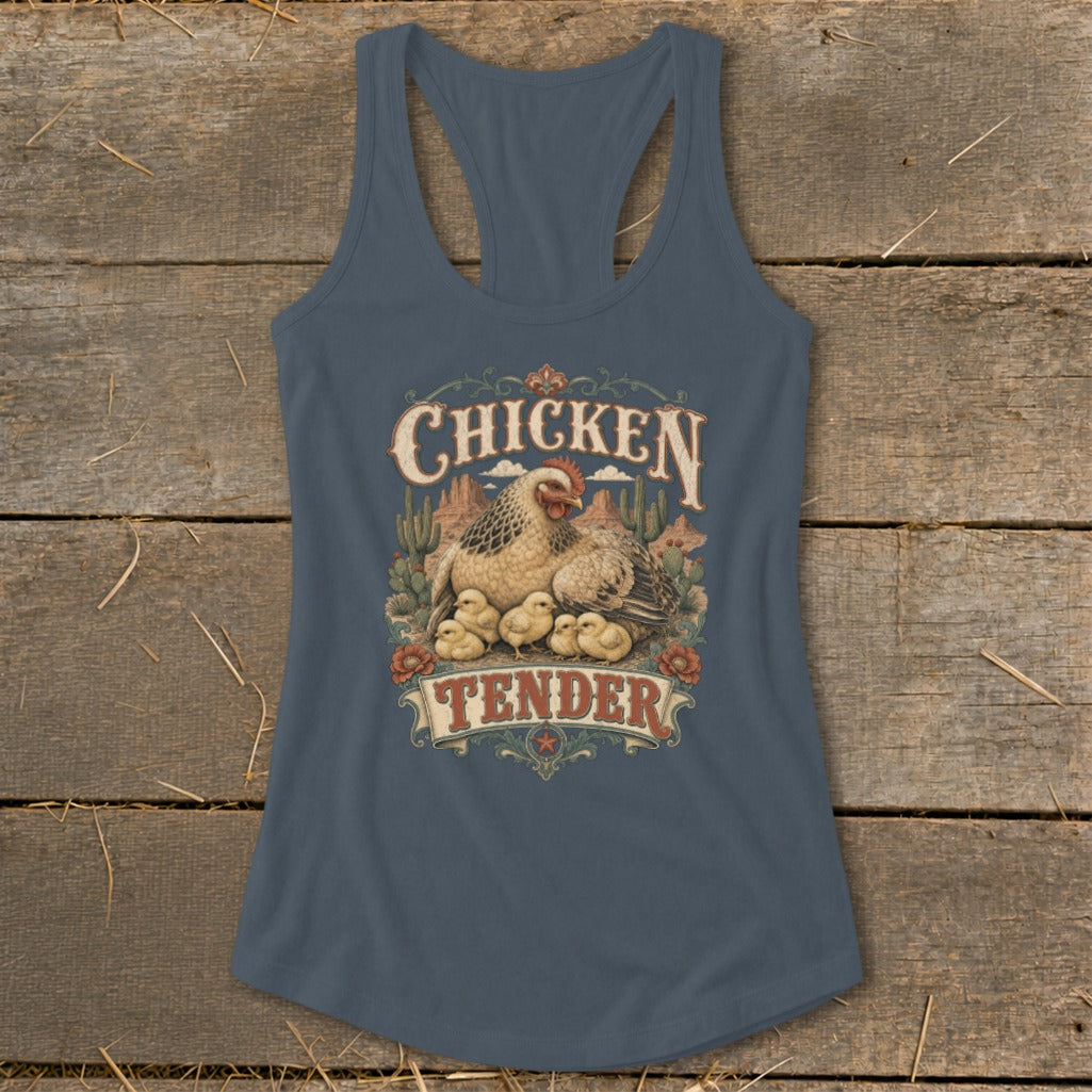 Tank top graphic with a hen, chicks, cacti, and the words "Chicken Tender".