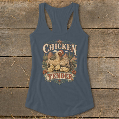 Tank top graphic with a hen, chicks, cacti, and the words "Chicken Tender".