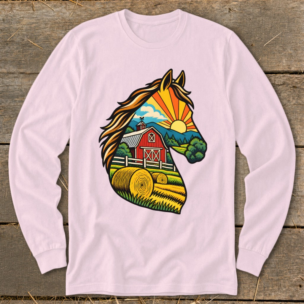 Light pink long-sleeve t-shirt featuring a horse head graphic filled with a colorful farm scene.