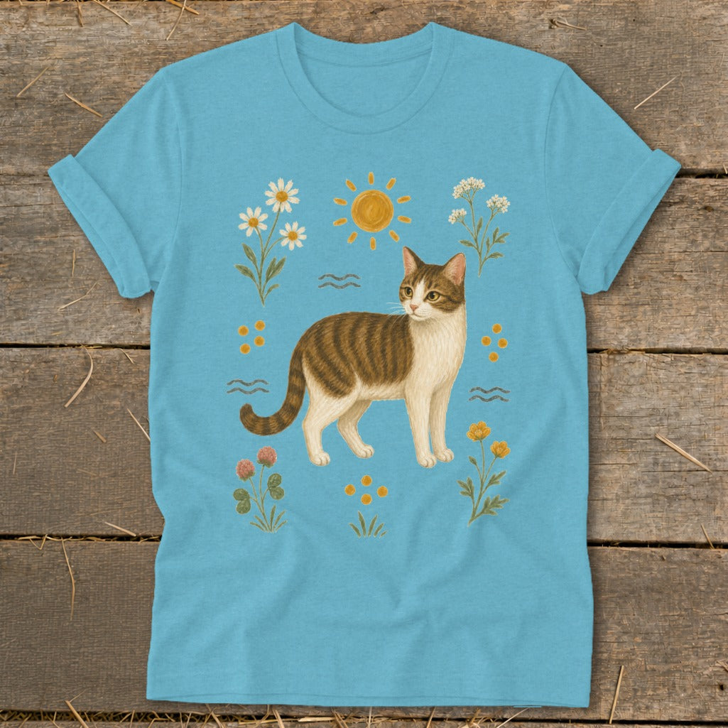 Tabby cat with flowers and sun illustration on a blue t-shirt.