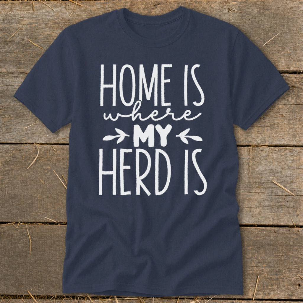 Navy t-shirt with white text "HOME IS where MY HERD IS".
