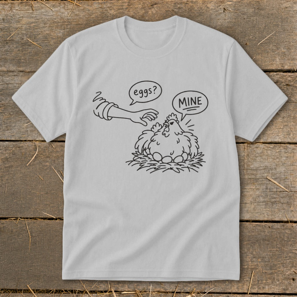 Line drawing of a hen protecting eggs with "MINE" speech bubble.