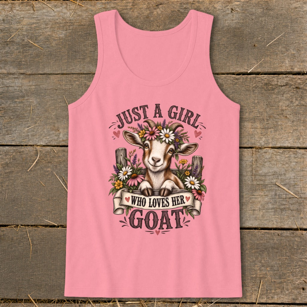 Pink tank top with "Just a girl who loves her goat" text and goat illustration.