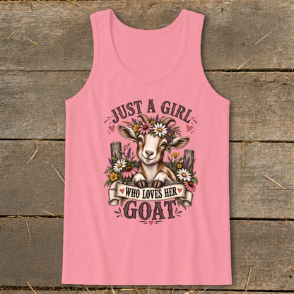 Pink tank top with "Just a girl who loves her goat" text and goat illustration.