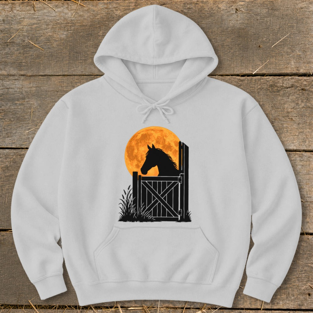 A white hooded sweatshirt featuring a graphic of a horse silhouetted against a large orange moon.