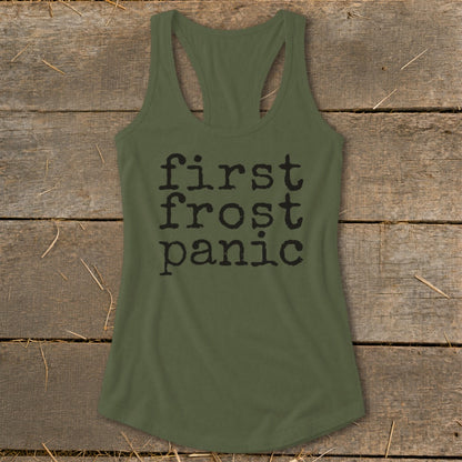 Olive green tank top with black text reading "first frost panic".