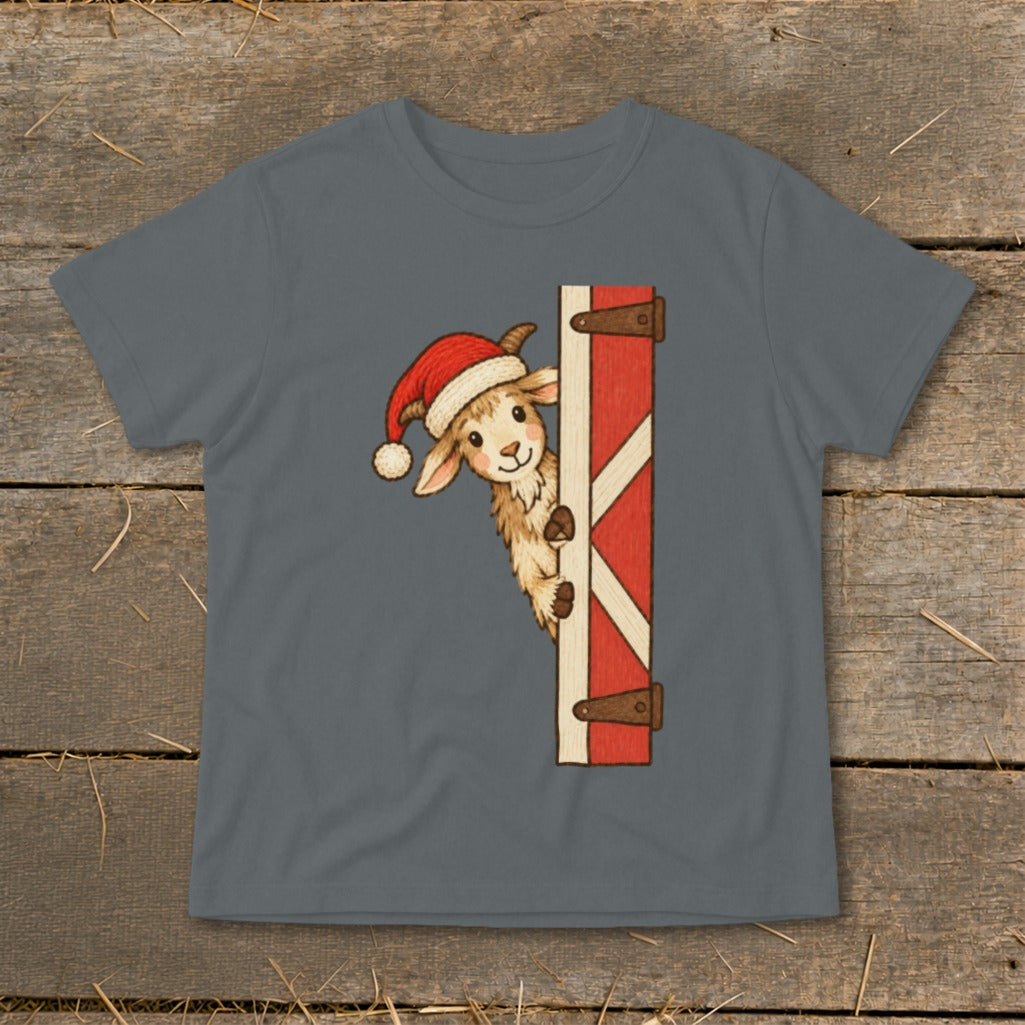 Goat wearing Santa hat peeks around a red barn door.