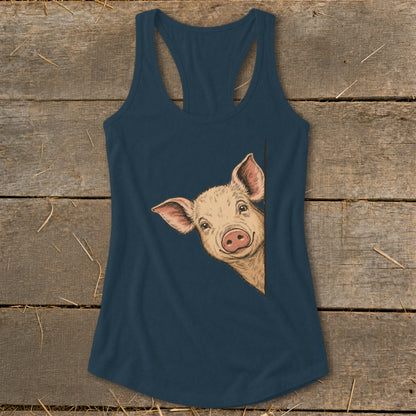 Navy racerback tank top with a drawing of a pig peeking from the side.
