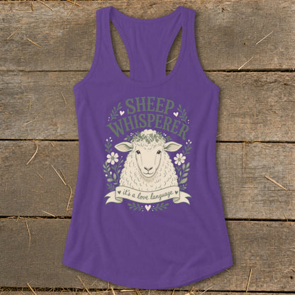 Purple tank top with a sheep graphic and the text "Sheep Whisperer."