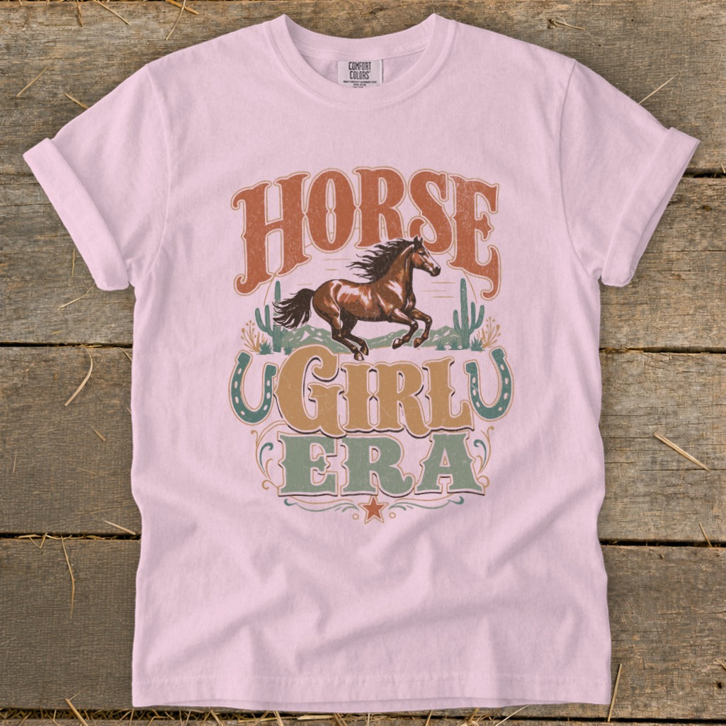 Pink t-shirt with "Horse Girl Era" and a running horse graphic.